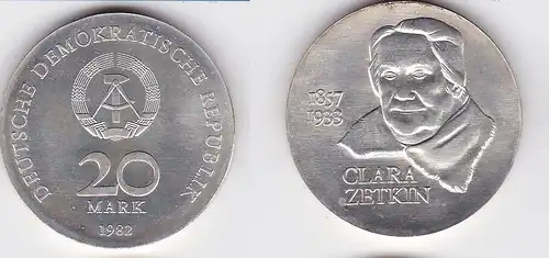 DDR Gedenk Münze 20 Mark Clara Zetkin 1982 Stempelglanz (128485)