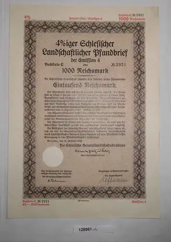 1000 RM Pfandbrief Schlesische Landschaftsdirektion Breslau 21.Okt 1940 (128961)