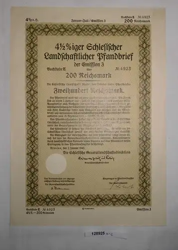 200 RM Pfandbrief Schlesische Landschaftsdirektion Breslau 2. Jan. 1940 (128925)