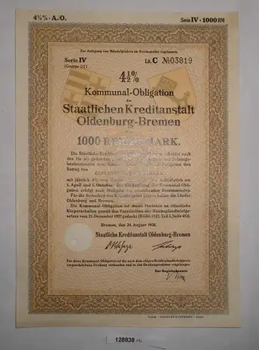 1000 RM Obligation Staatliche Kreditanstalt Oldenburg-Bremen 24.8.1938 (128938)