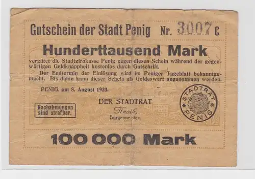seltene Banknote Inflation 100000 Mark Stadt Penig 8.8.1923 (137926)