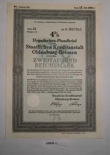 2000 RM Obligation Staatliche Kreditanstalt Oldenburg-Bremen 8.Okt 1940 (128939)
