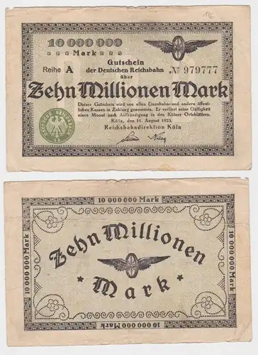 10 Millionen Mark Banknote Reichsbahndirektion Köln 11.8.1923 (140376)