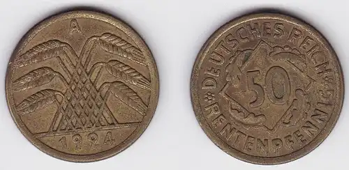 50 Rentenpfennig Messing Münze Weimarer Republik 1924 E Jäger 310 (150764)