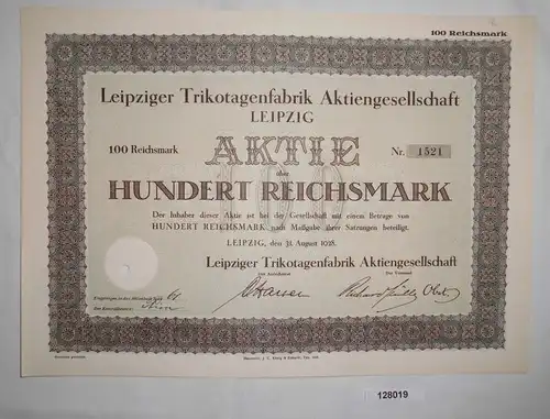 100 Reichsmark Aktie Leipziger Trikotagenfabrik AG Leipzig 31.Aug. 1928 (128019)