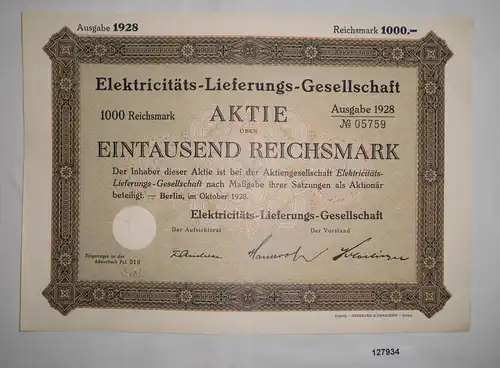 1000 Mark Aktie Elektricitäts Lieferungs Gesellschaft in Berlin 1928 (127934)