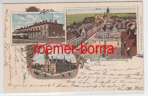78107 Ak Lithografie Gruss aus Wittenberg Bahnhof, Markt, Post 1902