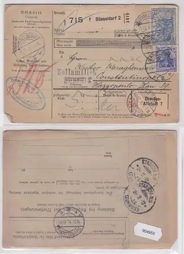 904955 dt. Reich Auslands-Paketkarte 1916 Düsseldorf nach Constantinopel