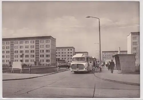 906037 AK Halle-Neustadt - Neubaugebiet mit Omnibussen an Haltestelle 1968