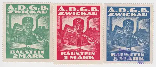 3 seltene Baustein Marken der Gewerkschaft A.D.G.B. Zwickau um 1920 (69984)