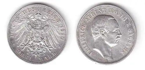 3 Mark Silbermünze Sachsen König Friedrich August 1910 Jäger 135 (111973)