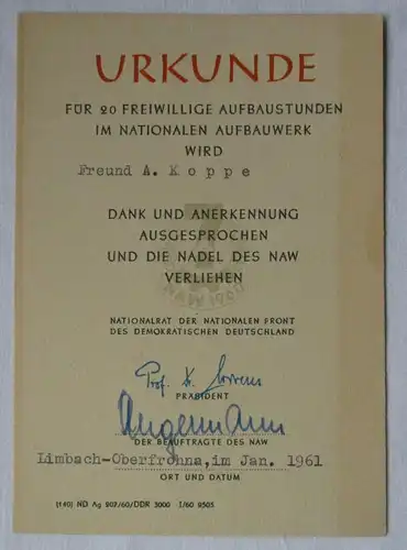 DDR Urkunde für 20 freiwillige Aufbaustunden NAW Limbach-Oberfrohna (113249)
