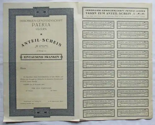 1.000 Franken Aktie Immobilien-Genossenschaft Patria Luzern 16.11.1927 (134257)