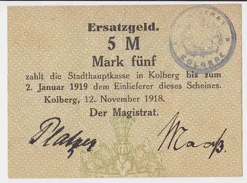 5 Mark Banknote Notgeld Stadt Kolberg 12.November 1918 (131950)