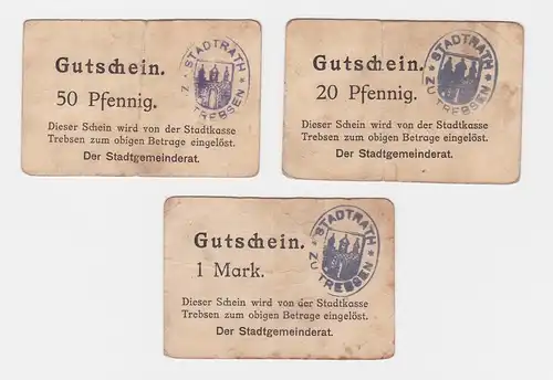 3 Banknoten 20, 50 Pfennig und 1 Mark Notgeld Stadt Trebsen ohne Datum (121248)