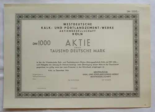 1000 DM Aktie Westdeutsche Kalk- & Portlandzement-Werke AG Köln 1954 (143995)