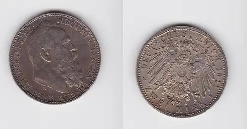 2 Mark Silbermünze Bayern Prinzregent Luitpold 1911 Jäger 48 (132568)
