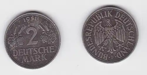 2 Mark Nickel Münze BRD Trauben und Ähren 1951 F (130592)