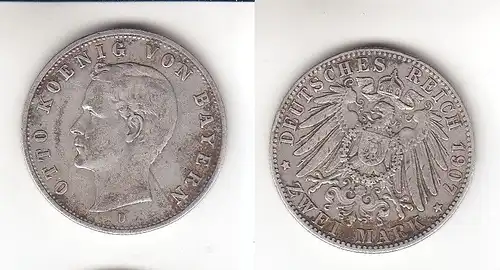2 Mark Silber Münze Bayern König Otto 1907 D Jäger 102 (112650)