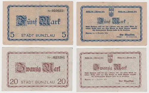 5 & 20 Mark Banknoten Notgeld Stadt Bunzlau 11.November 1918 (133148)