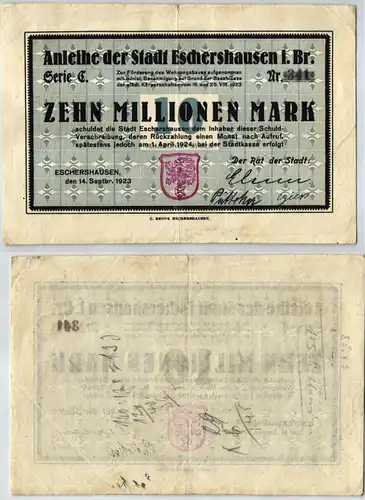 10 Millionen Mark Banknote Inflation Stadt Eschershausen 14.09.1923 (120616)
