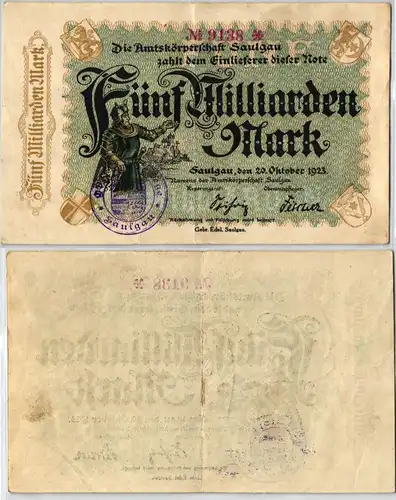 5 Milliarden Mark Banknote Amtskörperschaft Saulgau 20.10.1923 (121502)
