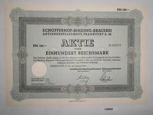 100 Reichsmark Aktie Schöfferhof-Binding-Brauerei AG Frankfurt Jan.1942 (128060)