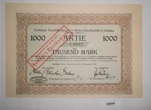 1000 Mark Aktie Gorkauer Societäts Brauerei AG 18. September 1923 (128693)