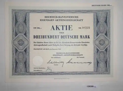 300 Mark Aktie Bremisch-Hannoversche Eisenbahn AG Frankfurt Dez. 1958 (128399)
