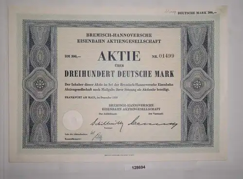 300 Mark Aktie Bremisch-Hannoversche Eisenbahn AG Frankfurt Dez. 1958 (128694)