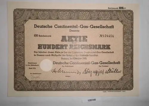 100 RM Aktie Deutsche Continental-Gas-Gesellschaft Dessau Oktober 1942 (125145)