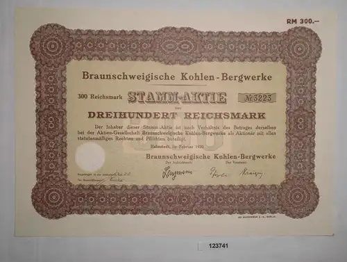 300 RM Aktie Braunschweigische Kohlen-Bergwerke Helmstedt Februar 1929 (123741)