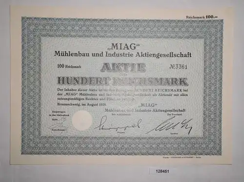 100 RM Aktie MIAG Mühlenbau & Industrie AG Braunschweig August 1938 (128451)