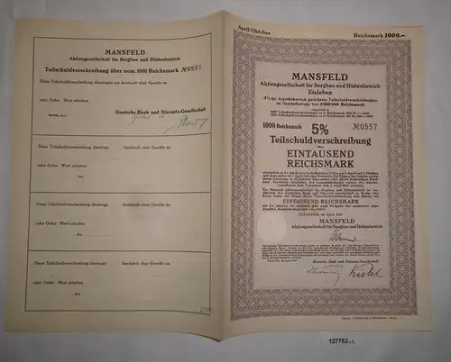 1000 RM Schuldverschreibung Mansfeld AG für Bergbau & Hüttenbetrieb 1937 /127753
