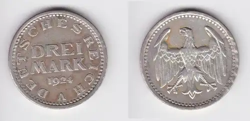 3 Mark Silbermünze Weimarer Republik 1924 A Jäger 312  ss/vz (156182)
