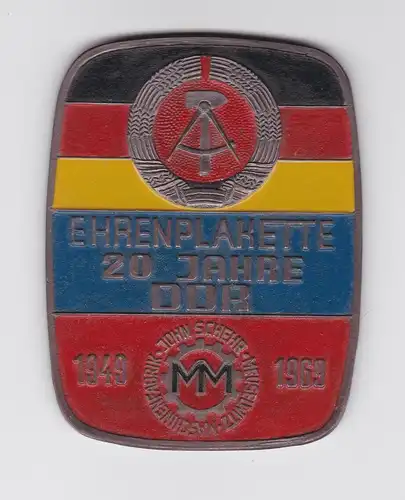 DDR Ehren Plakette Maschinenfabrik John Schehr Meuselwitz 1949-1969 (128449)