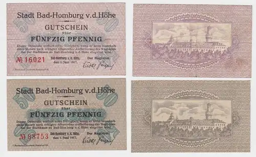 2x 50 Pfennig Banknoten Notgeld Stadt Bad-Homburg v.d. Höhe 01.06.1917 (120453)