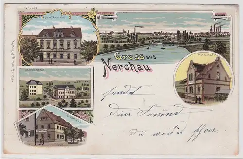 99576 AK Gruss aus Nerchau - Wiesenbad, Postamt, Stadthaus, Beamtenschule 1902