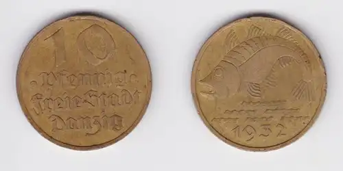10 Pfennig Messing Münze Danzig 1932 Dorsch Jäger D 13 (156370)