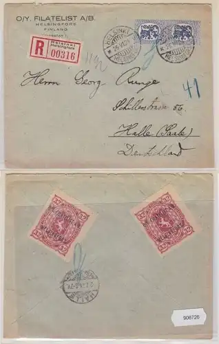 906726 R-Brief Zudruck O/Y. Filatelist A/B. Helsingfors Helsinki + Vignette 1924