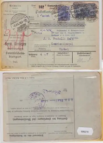 906279 Paketkarte Briefordnerfabrik Untertürkheim nach Konstantinopel 1916