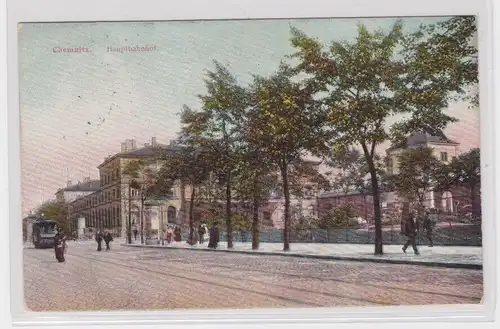 77932 Ak Chemnitz Hauptbahnhof mit Straßenbahn davor 1907