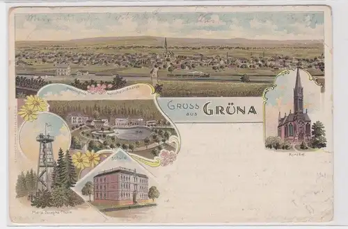 58655 Ak Lithographie Gruß aus Grüna Naturheilanstalt, Schule usw. 1908