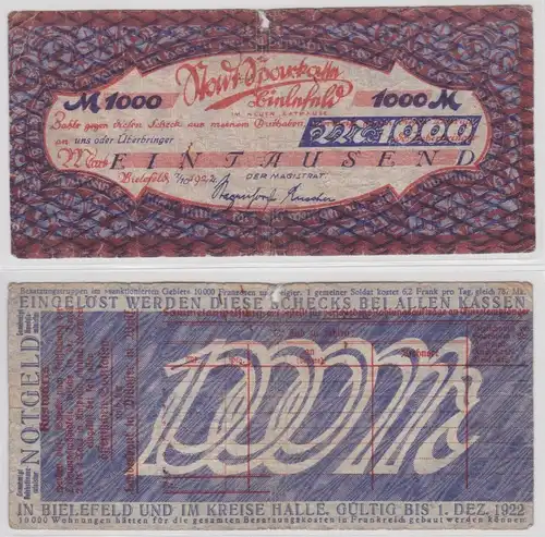 1000 Mark Banknote Inflation 7.10.1922 Bielefelder Notgeld (154359)