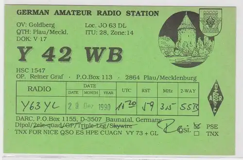 54052 QSL Karte Funker Funkamateur DDR Goldberg Plau Mecklenburg 1990