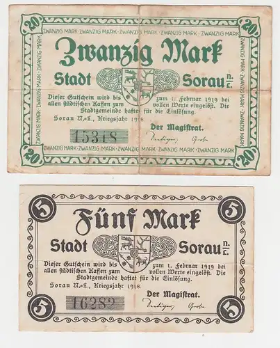 5 und 20 Mark Banknoten Notgeld Stadt Sorau Żary Niederlausitz 1918 (110162)