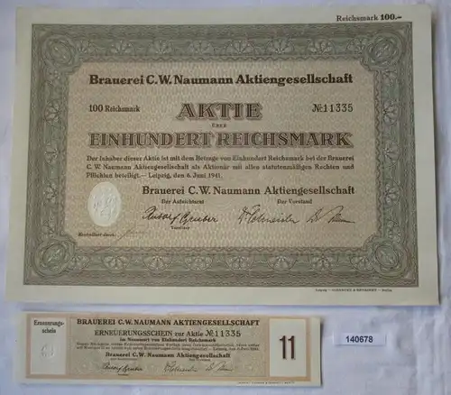 100 Reichsmark Aktie Brauerei C.W. Naumann AG Leipzig 6.Juni 1941 (140678)
