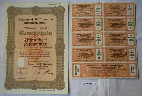 100 RM Genußschein Brauerei C.W. Naumann AG Leipzig-Plagwitz 18.10.1933 (140713)