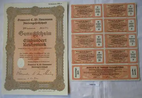 100 RM Genußschein Brauerei C.W. Naumann AG Leipzig-Plagwitz 18.10.1933 (140579)