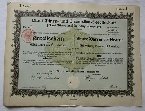 1 Pfund Aktie Otavi Minen-& Eisenbahn-Gesellschaft Berlin 12.9.1921 (157020)